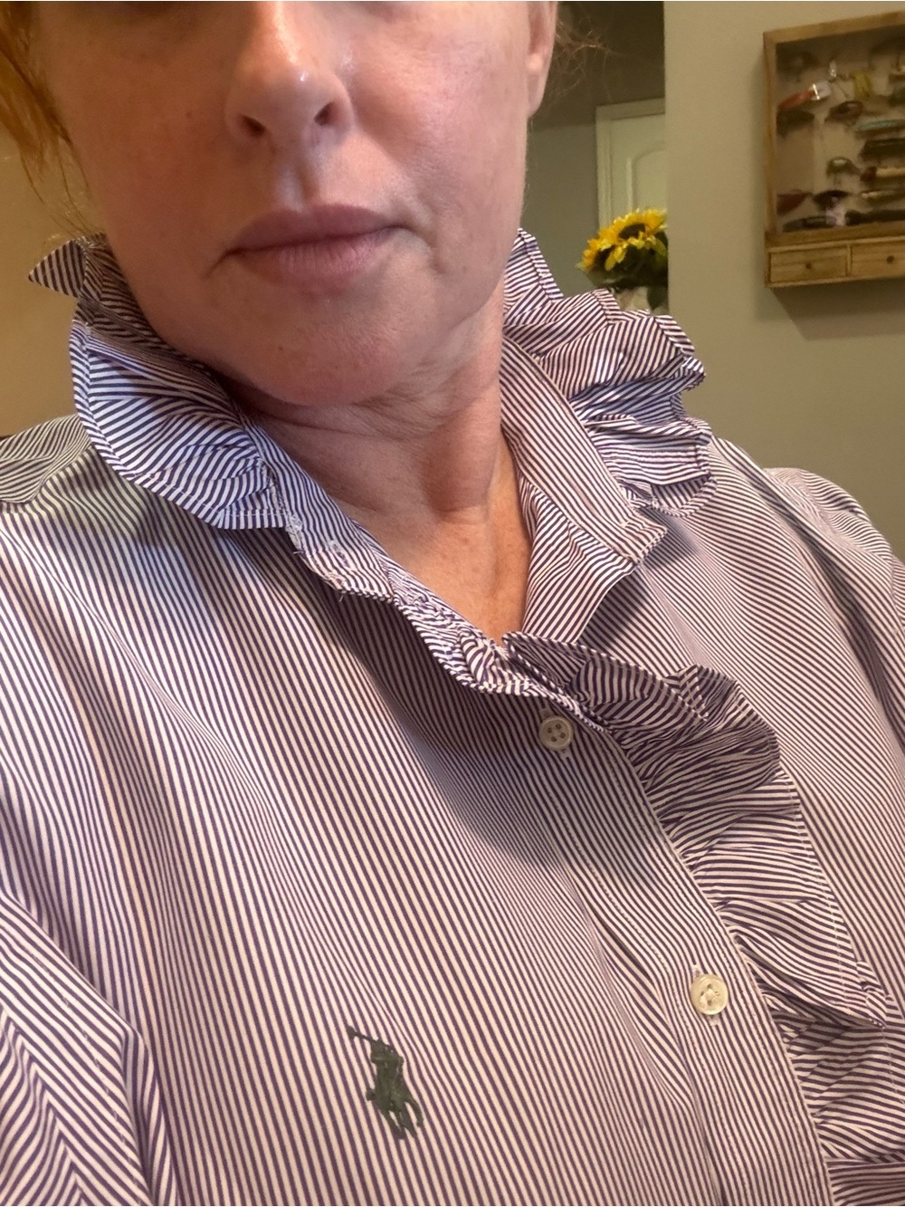 Ralph Lauren Striped Ruffle Collar Shirt in Blue & White Like New Womens